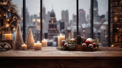 Wooden window sill with candles and New Year's decor against the backdrop of snowy city landscape