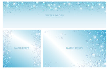 Naklejka na ściany i meble Template of blue banners with realistic pure water drops frame and space for text. Set of wallpapers with 3d dew, water blobs. Three backdrops with rain droplet or aqua splashes and water texture