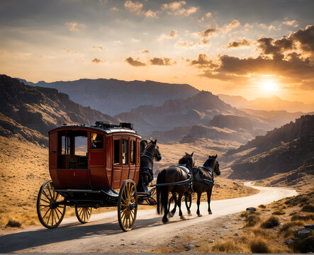 Stagecoach Odyssey: Navigating Rugged Terrain in the Timeless Journey of a Horse-Drawn Stagecoach. generative AI