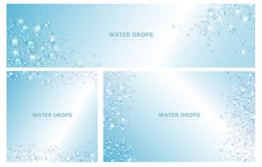 Set of banners with pure water drops or dew pattern as frame. Soft blue blank wallpapers with realistic 3d  rain droplets or condensation on surface. Aqua fresh banner with collagen or water texture
