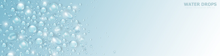 Realistic water drops or dew background with space for text. Template of soft blue empty panoramic banner with condensation texture or rain droplets. Aqua fresh header with 3d water bubble frame