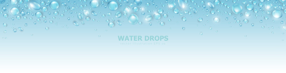 Template of blue panoramic banner with realistic  pure water drops frame and space for text. Header with 3d shiny dew, water blobs. Vector billboard with rain droplets or aqua splashes overlay