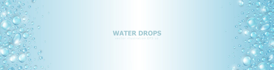 Template of blue panoramic banner with realistic  pure water drops frame and space for text. Header with 3d shiny dew, water blobs. Vector billboard with rain droplets or aqua splashes overlay