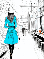 A Woman In A Blue Dress - Lifestyle fashion illustration in the coffee bar