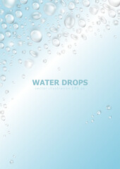 Template of blue banner with realistic pure water drops frame and space for text. Wallpaper with 3d shiny dew, water blobs. Vector card, backdrop with rain droplets or aqua splashes and water texture