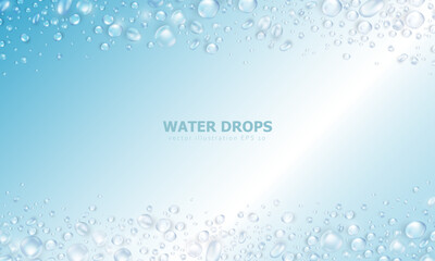 Template of blue banner with realistic pure water drops frame and space for text. Wallpaper with 3d shiny dew, water blobs. Blank backdrop with rain droplets or aqua splashes and water texture