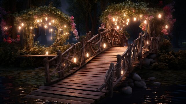 A rustic wooden bridge adorned with twinkling fairy lights, leading to a destination of love and happiness.