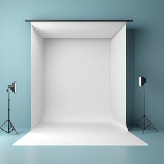 studio studio photo with a white blank banner. 3d illustration. studio studio photo with a white blank banner. 3d illustration. blank studio photo studio on the wall. 3d rendering