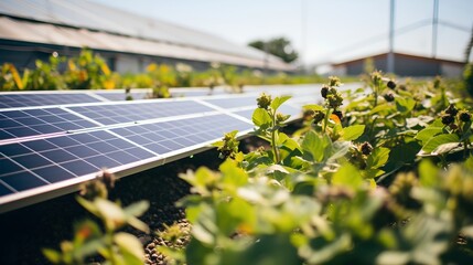 Fototapeta premium A modern ecofriendly green roof covered in lush vegetation and interspersed with efficient solar panels harnessing sustainable energy under a clear blue sky.