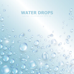 Realistic vector water drops or dew background with space for text. Template of soft blue empty square banner with condensation texture or rain droplets. Aqua fresh card with 3d water bubble frame