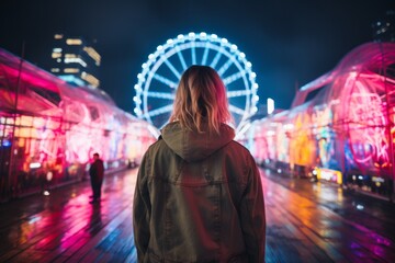 A Mesmerising. Night Scene: A Person Gazing at the Enchanting Ferris Wheel Lights. A person standing in front of a ferris wheel at night - obrazy, fototapety, plakaty