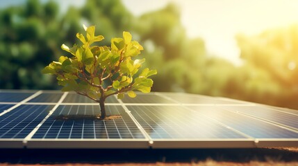 A young, vibrant tree sprouting from the center of a field of solar panels, symbolizing the growth of renewable energy and a sustainable future with zero carbon emissions. - obrazy, fototapety, plakaty