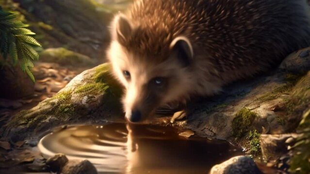 Ai generative a hedgehog was drinking in a puddle in the forest