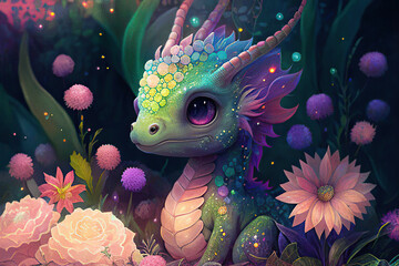 Fototapeta na wymiar Cute baby fantasy colorful horned dragon in the field of flowers, Year of the Dragon, painting style, Generative AI