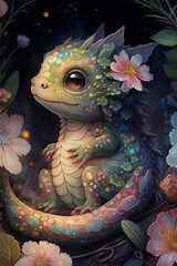 Little fantasy dragon with flowers on a dark background, Year of the Dragon, fairy tale ilustration, Generative AI