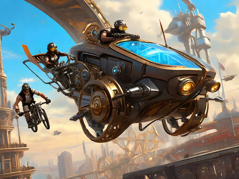  In a dystopian world, a thrilling steampunk provocative sport unfolds before our eyes in a detailed digital painting. 