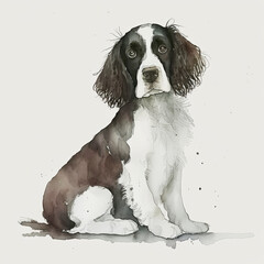 Adorable English Springer Spaniel Dog Portrait in Watercolor