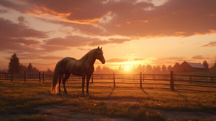 The sun sets behind a majestic horse, casting its golden glow across the farm.