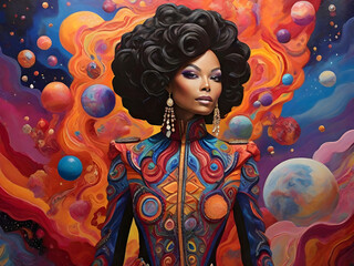 In a fantastical blend of colors and textures, an acrylic painting depicts a vibrant and eccentric interplanetary ambassador.