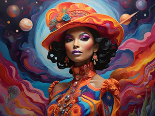 In a fantastical blend of colors and textures, an acrylic painting depicts a vibrant and eccentric interplanetary ambassador.