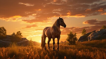 The sun sets behind a majestic horse, casting its golden glow across the farm. - obrazy, fototapety, plakaty