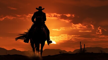 The sun sets behind a silhouette of a cowboy and his horse, both showcasing their incredible riding abilities.
