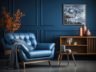 In a modern apartment, dark blue sofa and recliner chair, interior design of the living room.