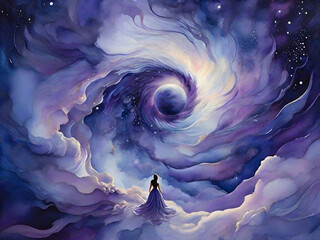 In a mesmerizing watercolor painting, a celestial sultry void voyager emerges, its form elegantly blending with the cosmic abyss. 