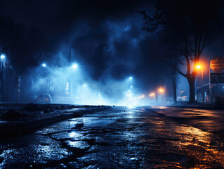 In the night view, dark empty scene with blue neon searchlight light, wet asphalt, smoke, and rays.