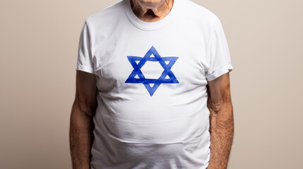 Old person with the Star of David symbol on white t-shirt