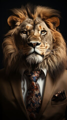 Lion dressed in an elegant and cutting-edge suit with a tie. Fashion portrait of a humanlike animal. Vertical photo