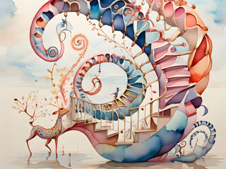 In a mesmerizingly whimsical watercolor painting, a helical hunter twists and turns, its spiral body adorned with vibrant and surreal elements.