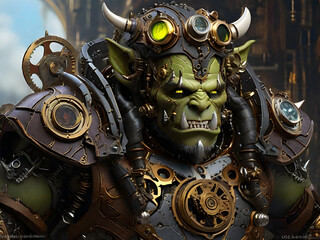 In a realm of fantastical contraptions and eccentric beings, a whimsical steampunk orc stands tall with a mischievous grin and sharp metallic teeth, depicted in a beautifully rendered digital painting