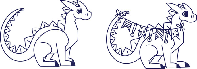 Christmas Dragons. Dragon with christmas garland.Year of the Dragon, Happy New Year Simple and cute Japanese zodiac　dragon. Kanji means dragon. Vector illustration.