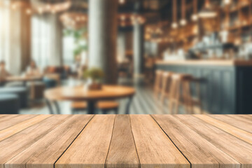 Empty wooden table space platform and blurred restaurant or coffee shop background for product...