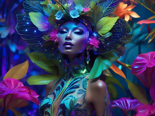 In a surreal cosmic habitat teeming with vibrant neon foliage, a zany celestial neon jungle emerges within an extraordinary high fashion photograph. - obrazy, fototapety, plakaty