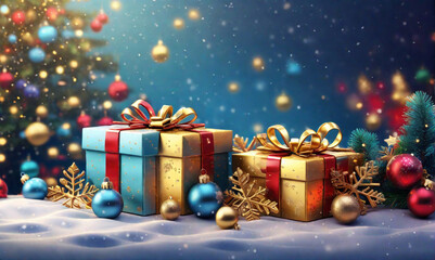 Christmas illustration with colored gift boxes with ribbons and bows Christmas tree branches red and golden balls and other decorations Generative AI