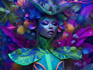 In a surreal cosmic habitat teeming with vibrant neon foliage, a zany celestial neon jungle emerges within an extraordinary high fashion photograph.