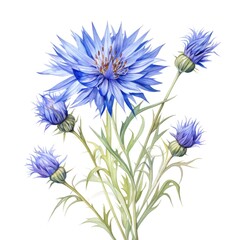 watercolor cornflower flower illustration on a white background.