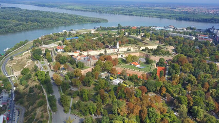 Daytime aerial shot in Belgrade, Serbia. Sava River and general city view