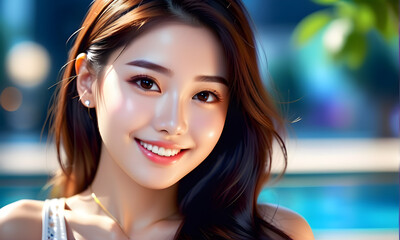 A pretty Asian woman smiling. The background is outdoors. Generative AI