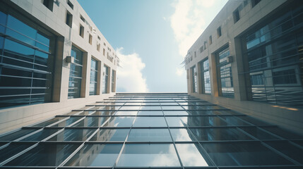 Looking up at the surrounding business buildings bright sky