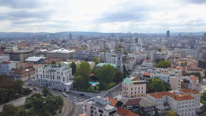 Fototapeta na wymiar Daytime aerial shot in Belgrade, Serbia. Sava River and general city view