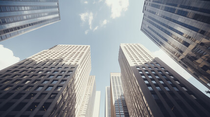 Fototapeta na wymiar Looking up at the surrounding business buildings bright sky