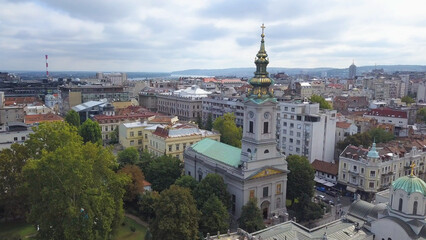 Daytime aerial shot in Belgrade, Serbia. Sava River and general city view, The Cathedral Church of St. Michael the Archangel (Saborna Crkva Sv. Arhangela Mihaila)