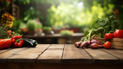 Wooden table. Vegetable garden background. - Powered by Adobe