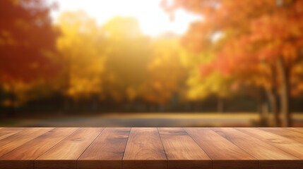Naklejka na ściany i meble Wooden table. Autumn blurred background. with sunlight shining