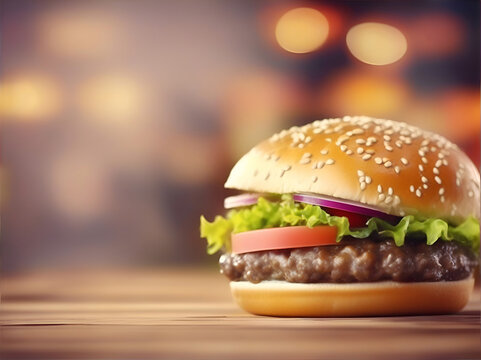 Horizontal blur wallpaper with american hamburger. Detailed image of classic cheeseburger.