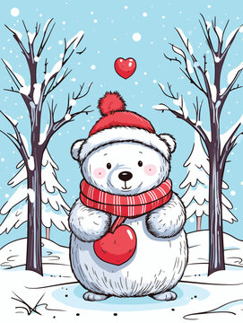 A Cartoon Of A Polar Bear Holding A Heart - Merry christmas card with a cute bear huging a heart
