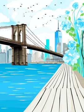 A Bridge Over Water With Flowers And A City In The Background - New York City Waterfront